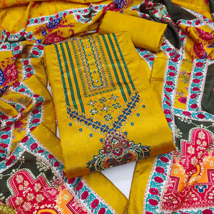 Yellow Digital Printed Chinon Dress Material With Sequins & Handwork Embellishment