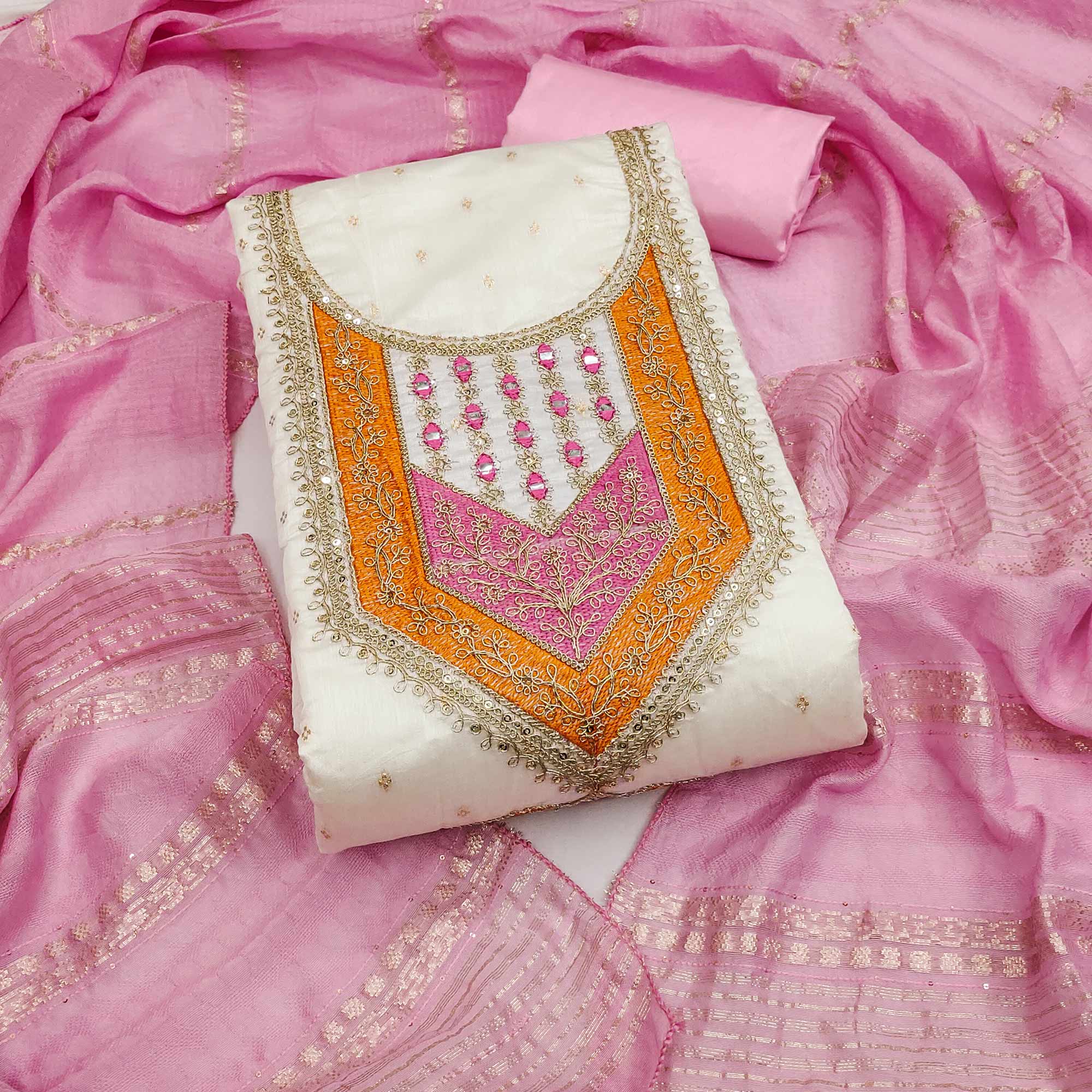 OffWhite & Pink Floral Cording & Sequins Embroidered With Butti Chanderi Silk Dress Material