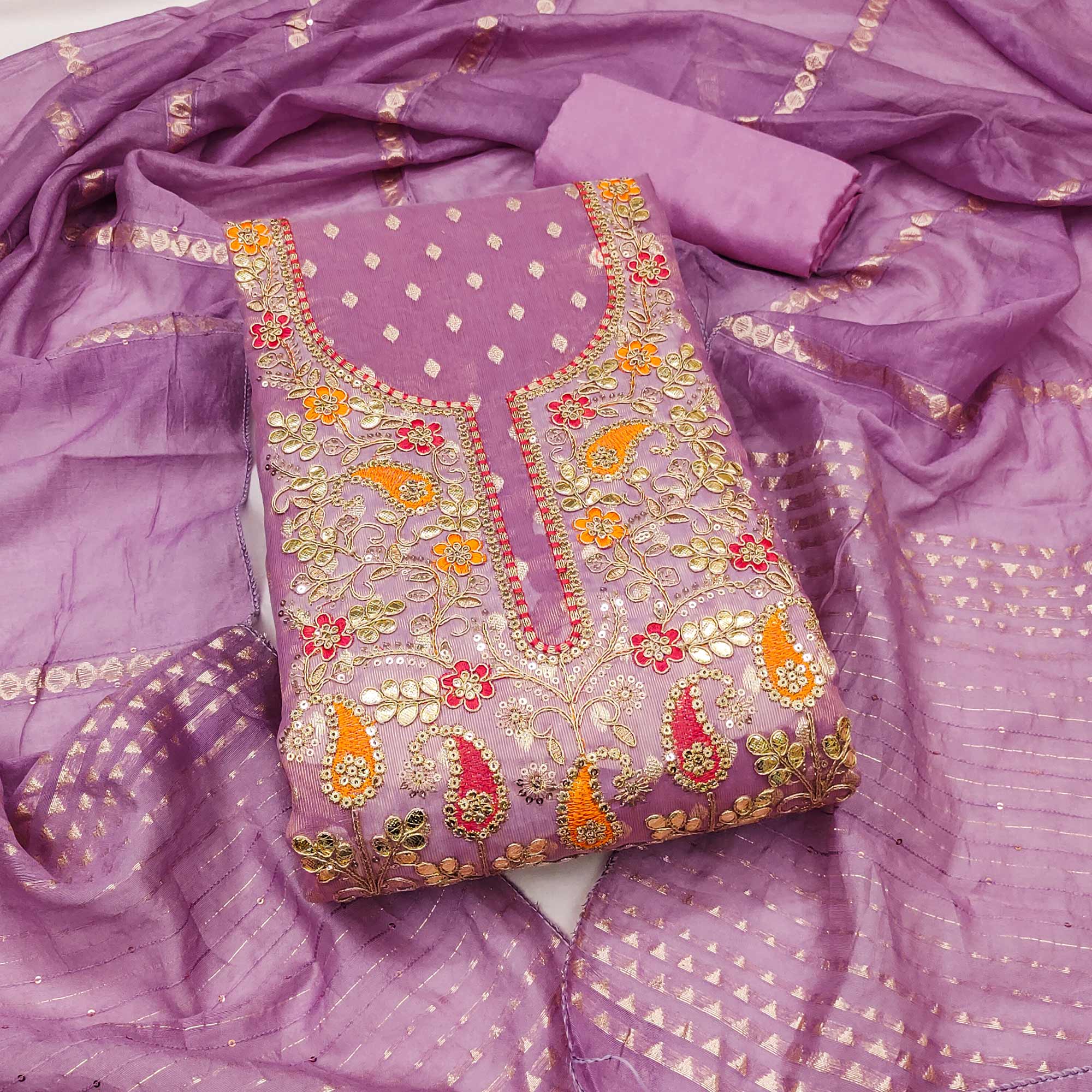 Lavender Woven Shimmer Dress Material Featuring Sequins Embroidery & Gota Patti Accents