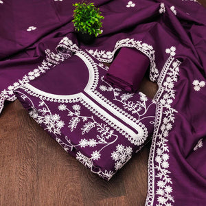 Purple Art Silk Dress Material Adorned With Floral Thread Embroidery Work