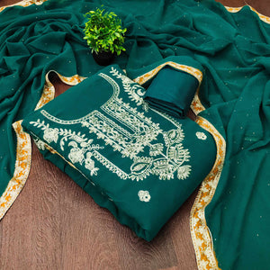 Rama Green Georgette Dress Material Featuring Floral Thread Embroidery With Sequins Accents