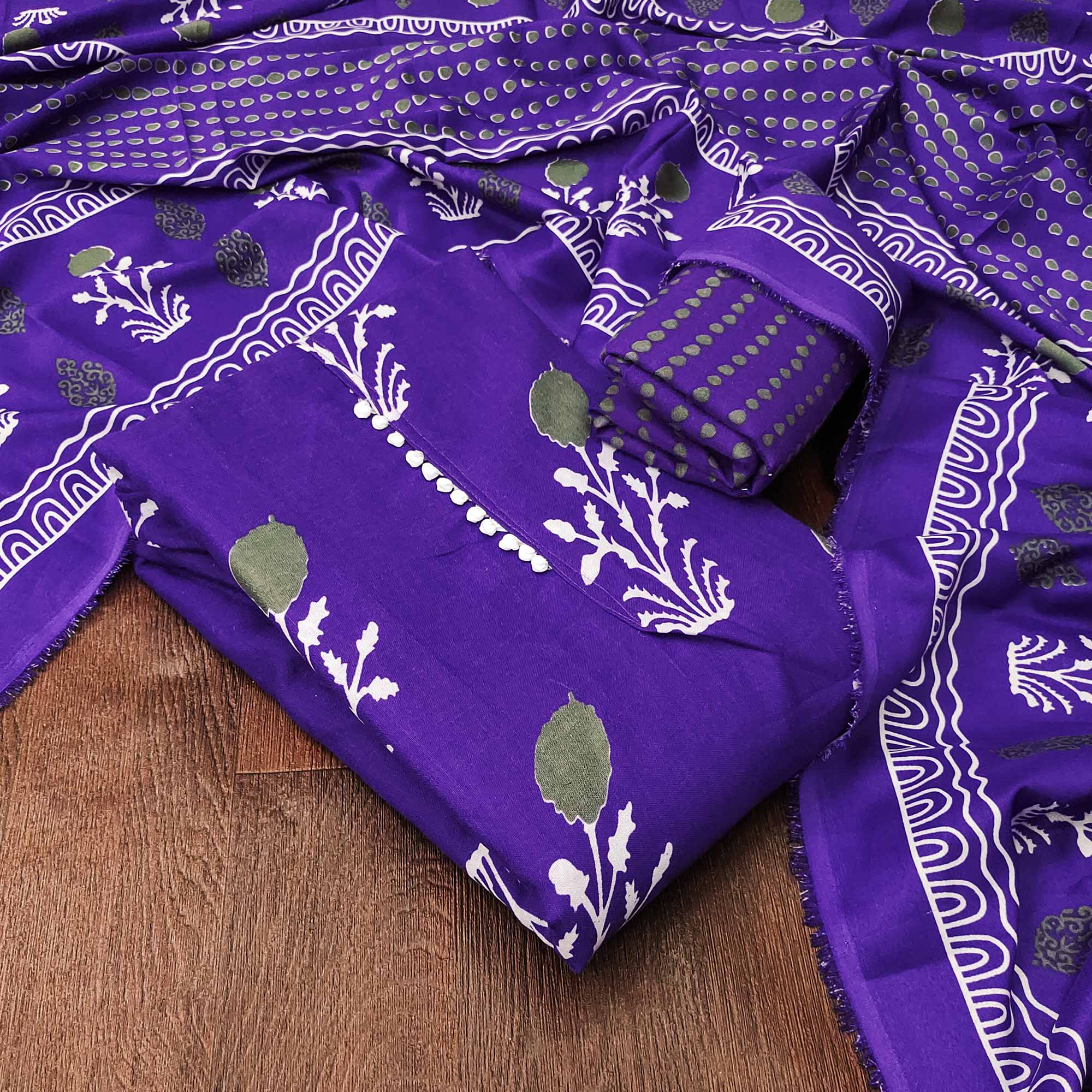 Royal Purple Cotton Blend Dress Material Designed With Beautiful Floral Prints