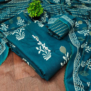 Teal Cotton Blend Dress Material Designed With Beautiful Floral Prints