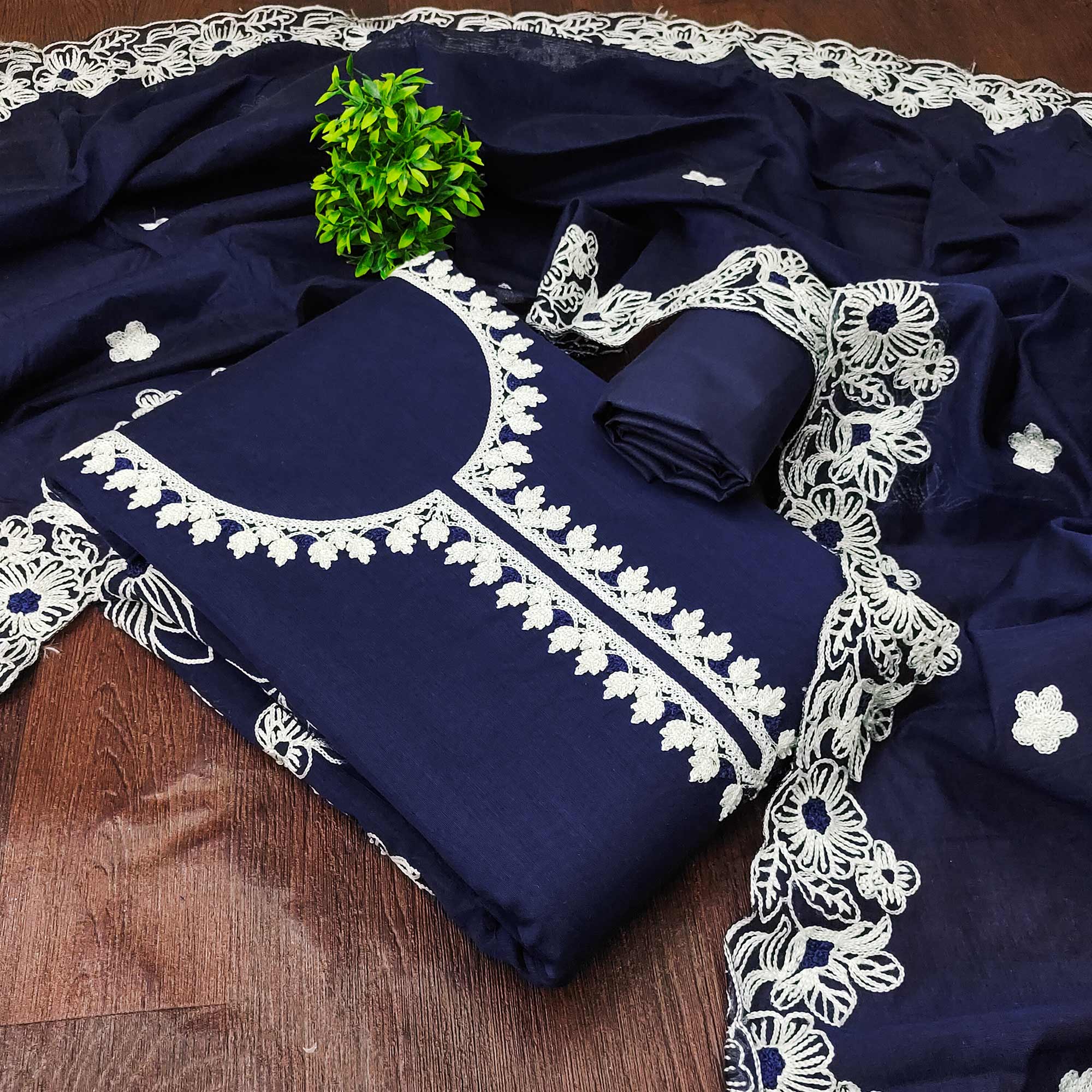 Navy Blue Chanderi Silk Dress Material Enhanced With Floral Thread Embroidered Work