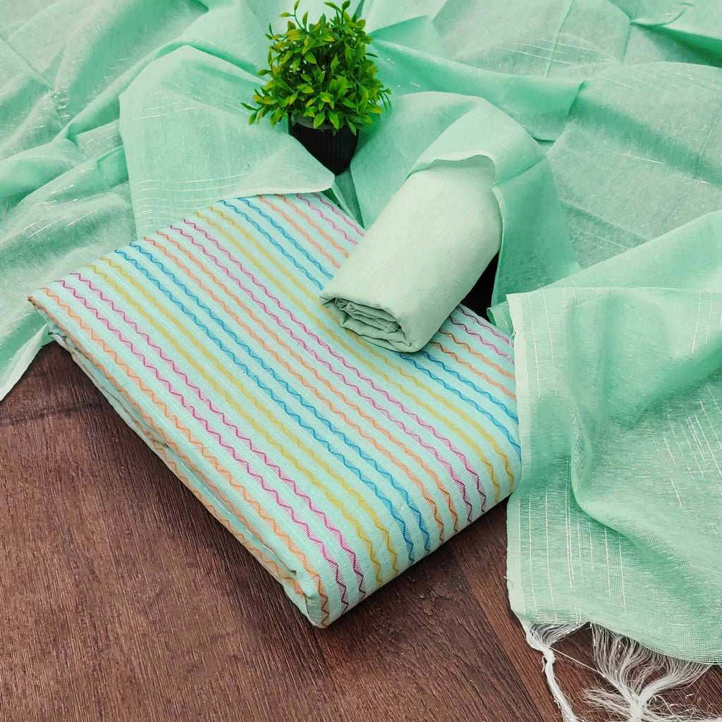 Sea Green Poly Cotton Blend Dress Material Highlighted With Striped Wo