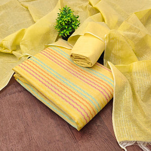 Yellow Poly Cotton Blend Dress Material Highlighted With Striped Woven Work