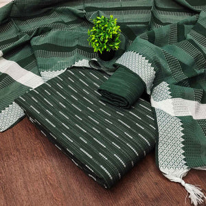 Green Poly Cotton Blend Dress Material Adorned With Striped Weaving Work