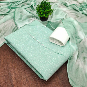 Sea Green Cotton Blend Dress Material Enhanced With Artistic Floral Printed Work