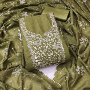 Charming Green Vichitra Silk Dress Material With Floral Thread & Sequins Work