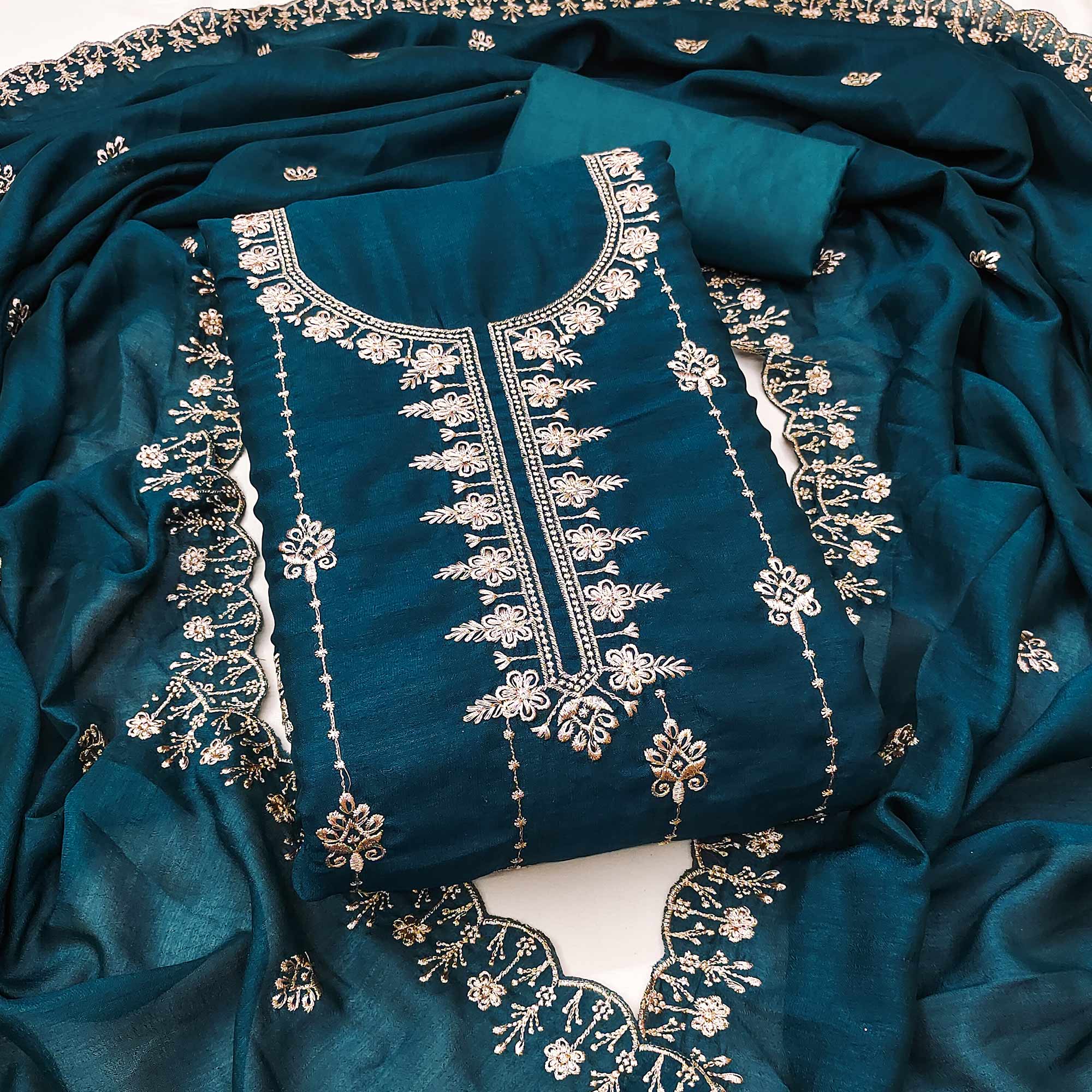 Morpich Blue Floral Elegance Zari Embroidered Vichitra Silk Dress Material