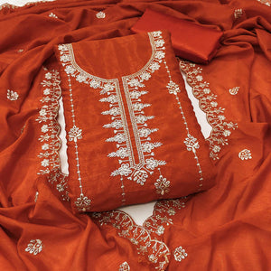 Orange Floral Elegance Zari Embroidered Vichitra Silk Dress Material