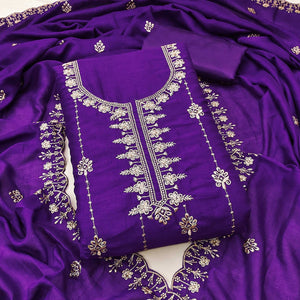 Purple Floral Elegance Zari Embroidered Vichitra Silk Dress Material