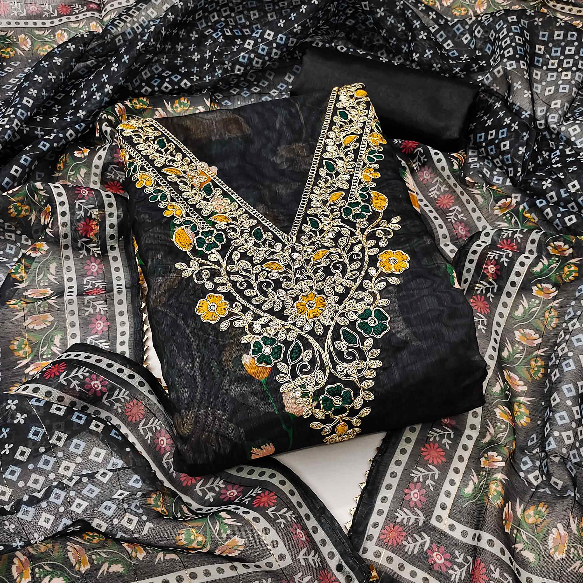 Black Chanderi Silk Dress Material With Digital Floral Print & Cording Embroidery Work