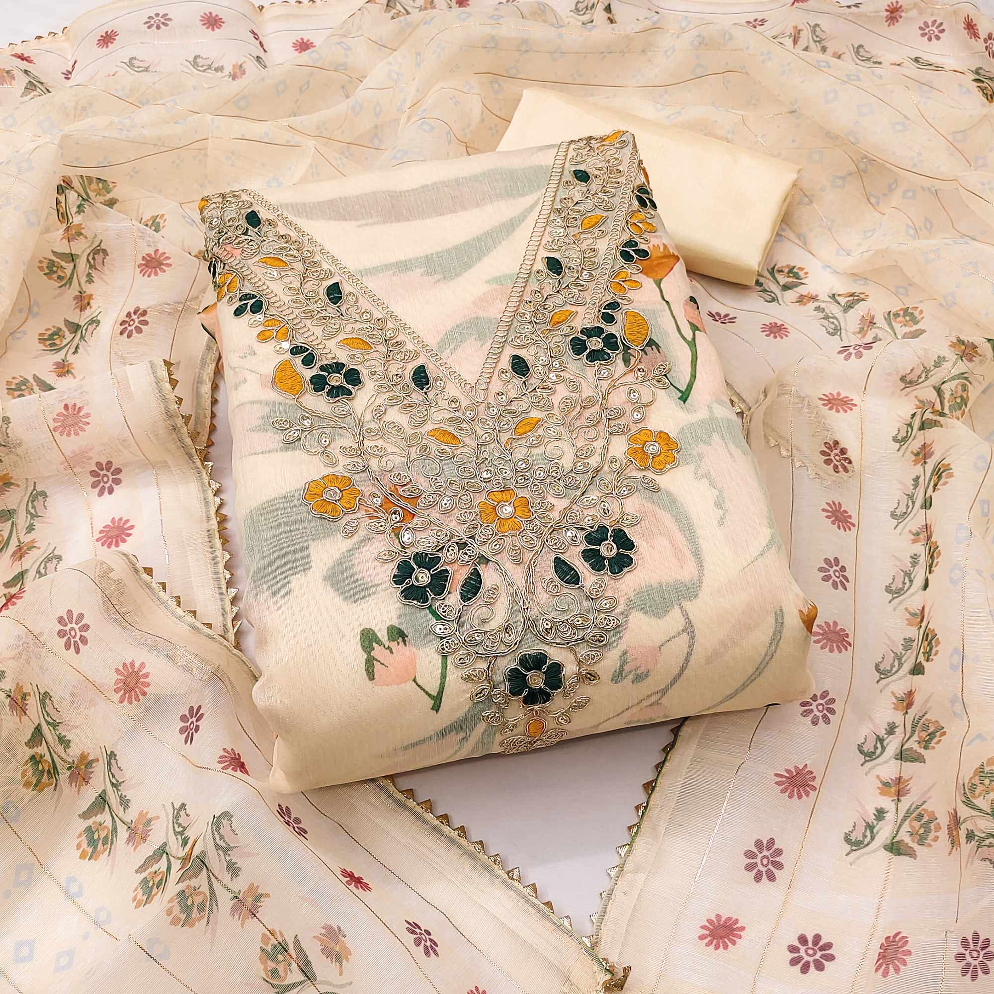 Cream Chanderi Silk Dress Material With Digital Floral Print & Cording Embroidery Work