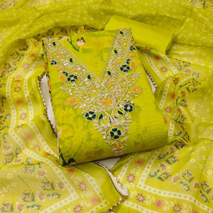 Green Chanderi Silk Dress Material With Digital Floral Print & Cording Embroidery Work