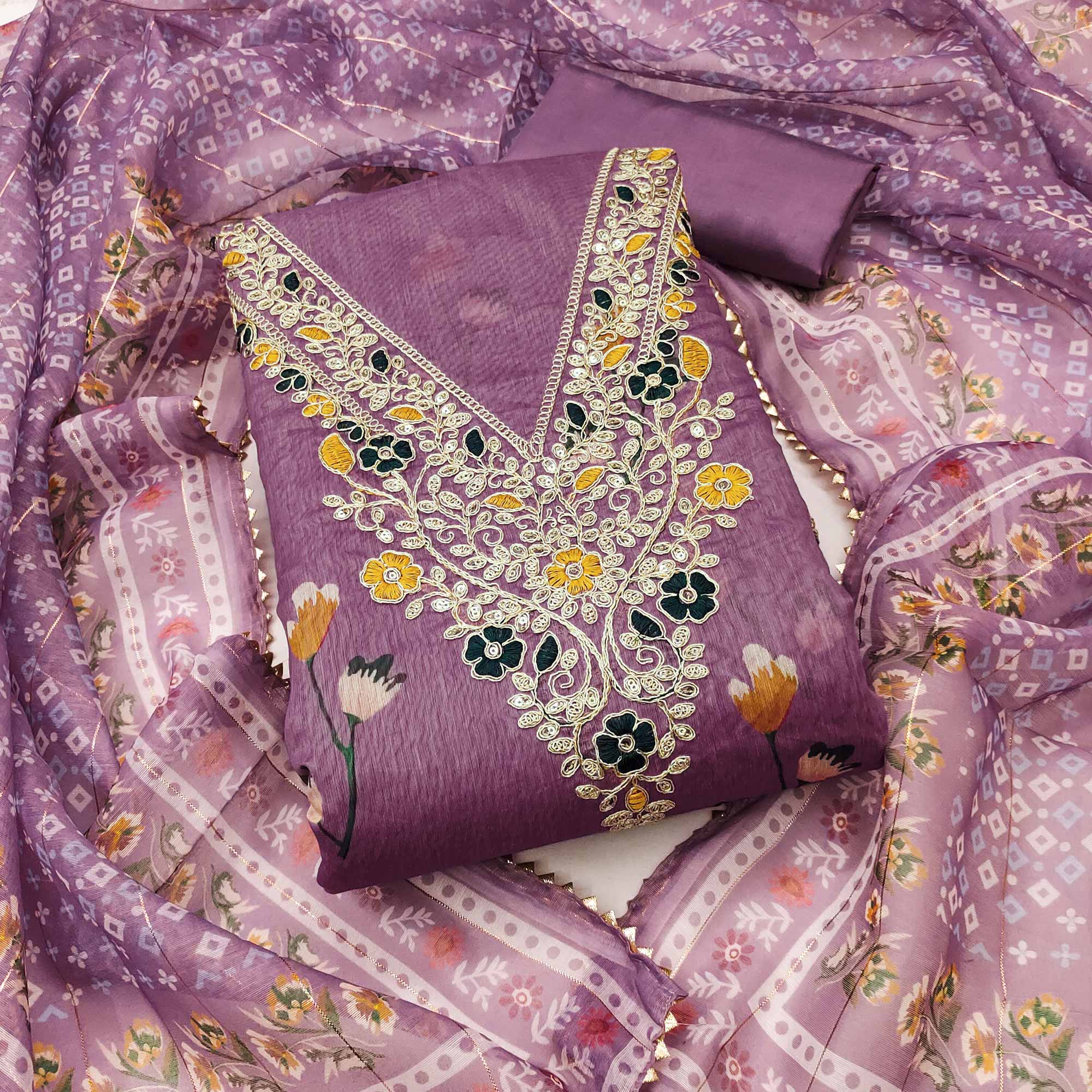 Lavender Chanderi Silk Dress Material With Digital Floral Print & Cording Embroidery Work