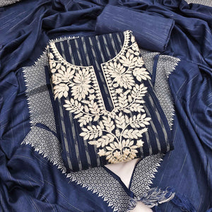 Elegant Navy Blue Floral Embroidered Cotton Blend Dress Material With Striking Striped Weaving