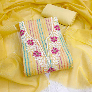 Yellow Cotton Blend Dress Material Highlighted With Floral Embroidery & Modern Stripes
