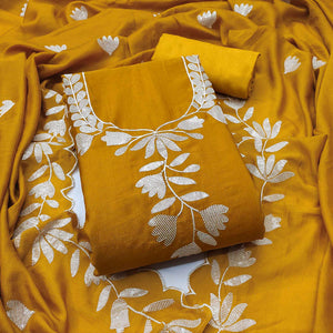 Mustard Vichitra Silk Dress Material Accented With Delicate Floral Thread Embroidery & Sequins