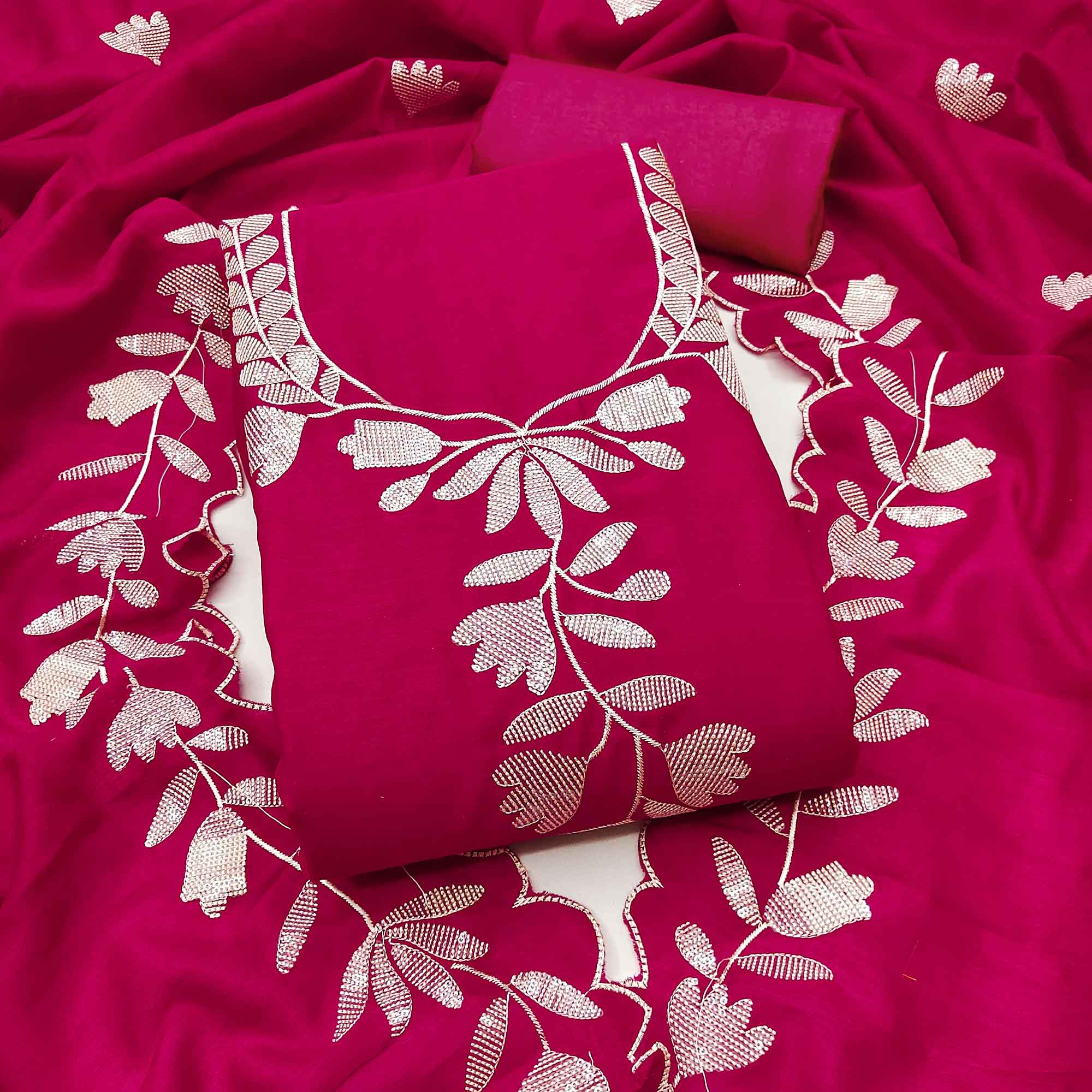 Rani Pink Vichitra Silk Dress Material Accented With Delicate Floral Thread Embroidery & Sequins