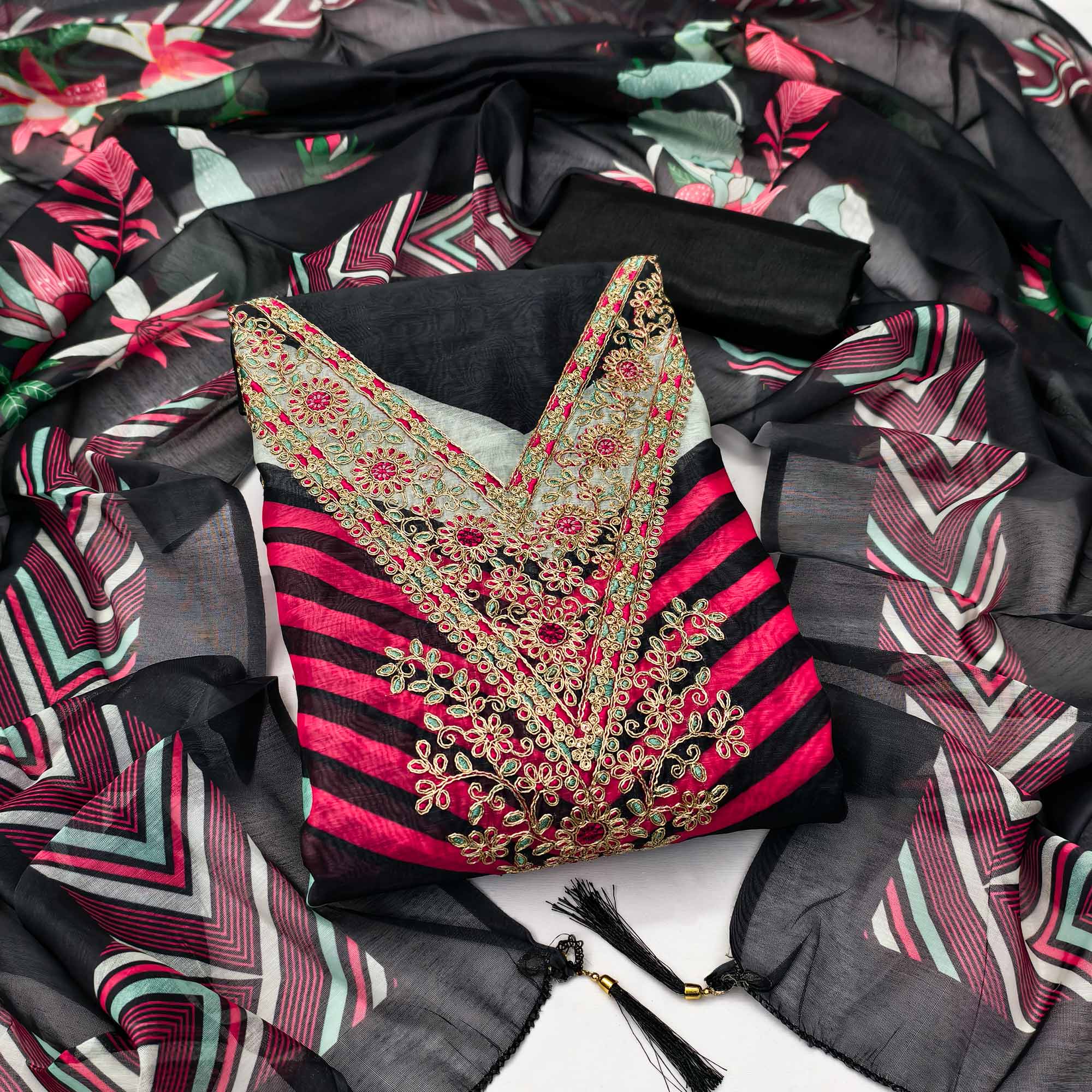 Black Floral Digital Printed With Cording Embroidered Vichitra Silk Dress Material