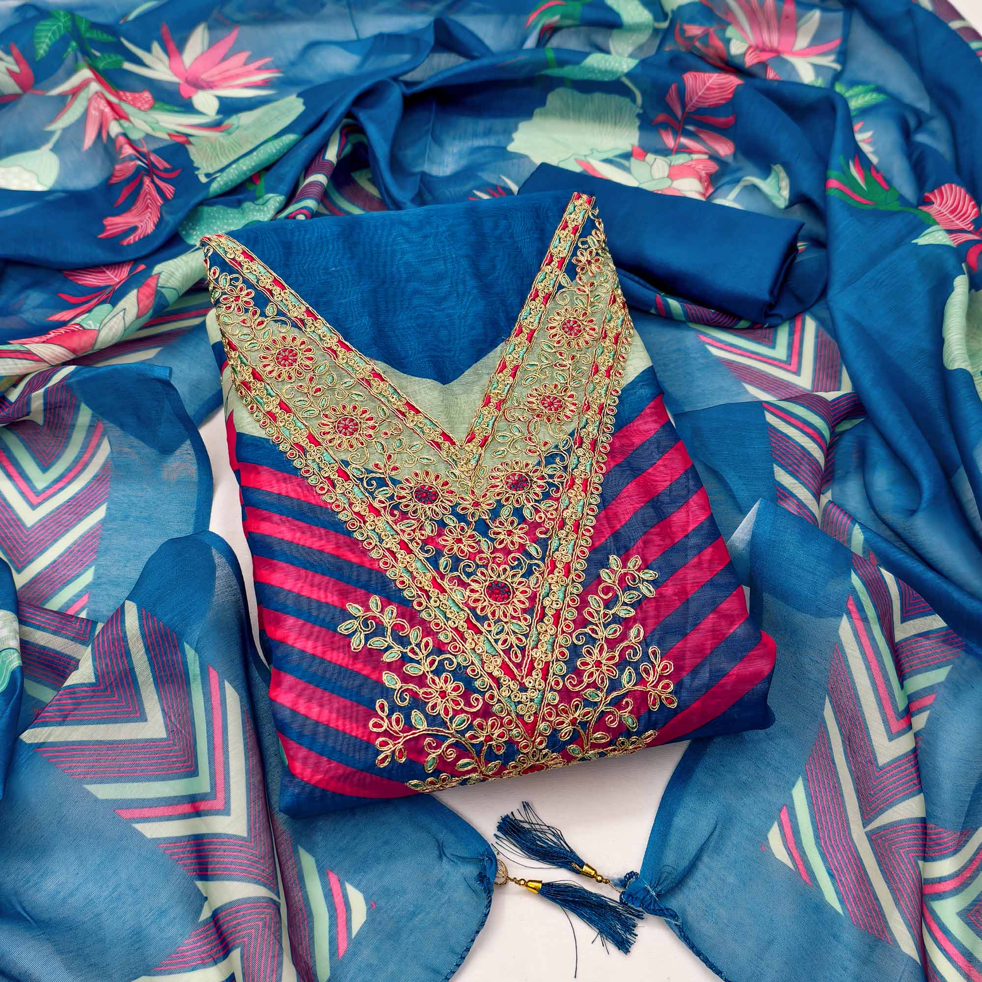 Blue Floral Digital Printed With Cording Embroidered Vichitra Silk Dress Material