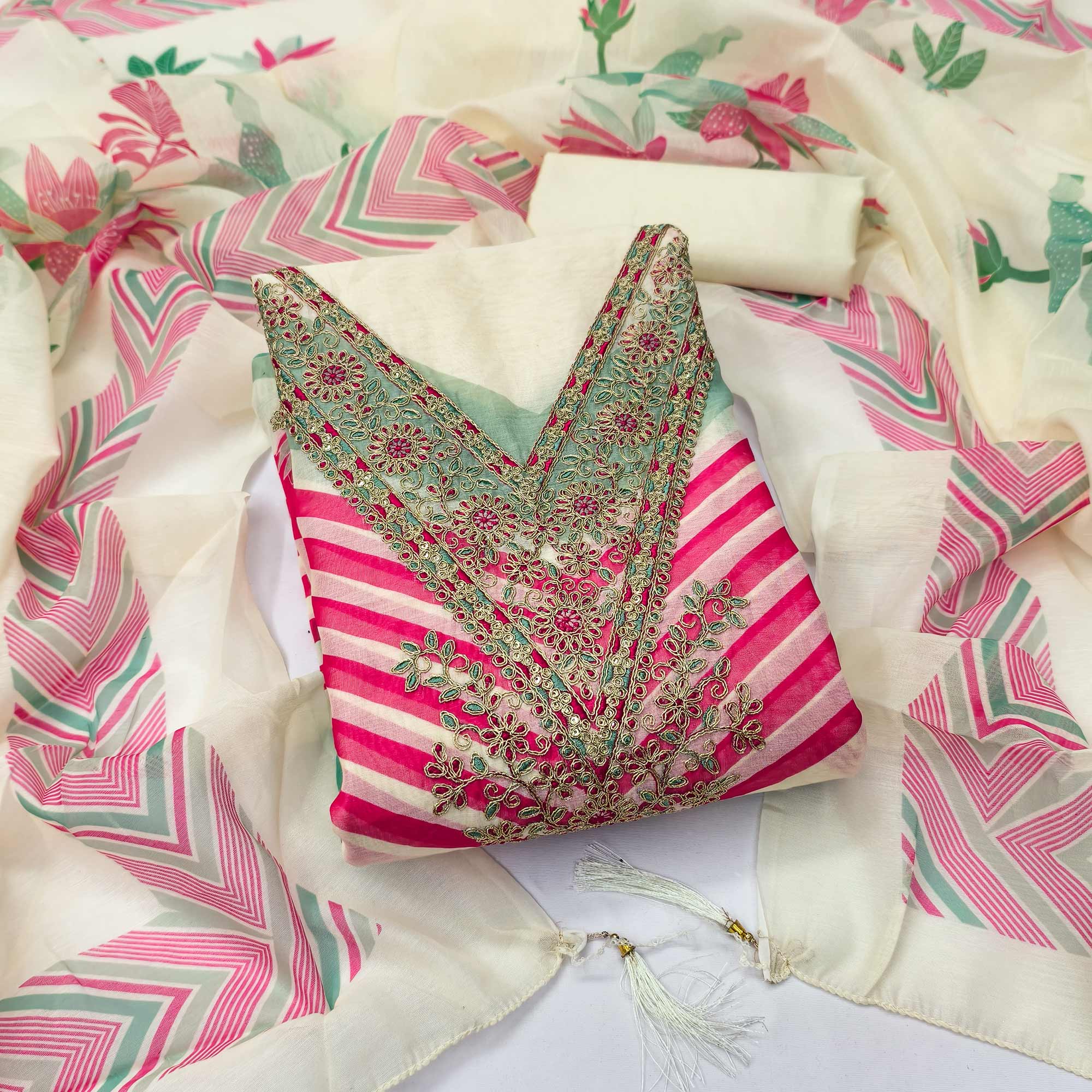 Cream Floral Digital Printed With Cording Embroidered Vichitra Silk Dress Material