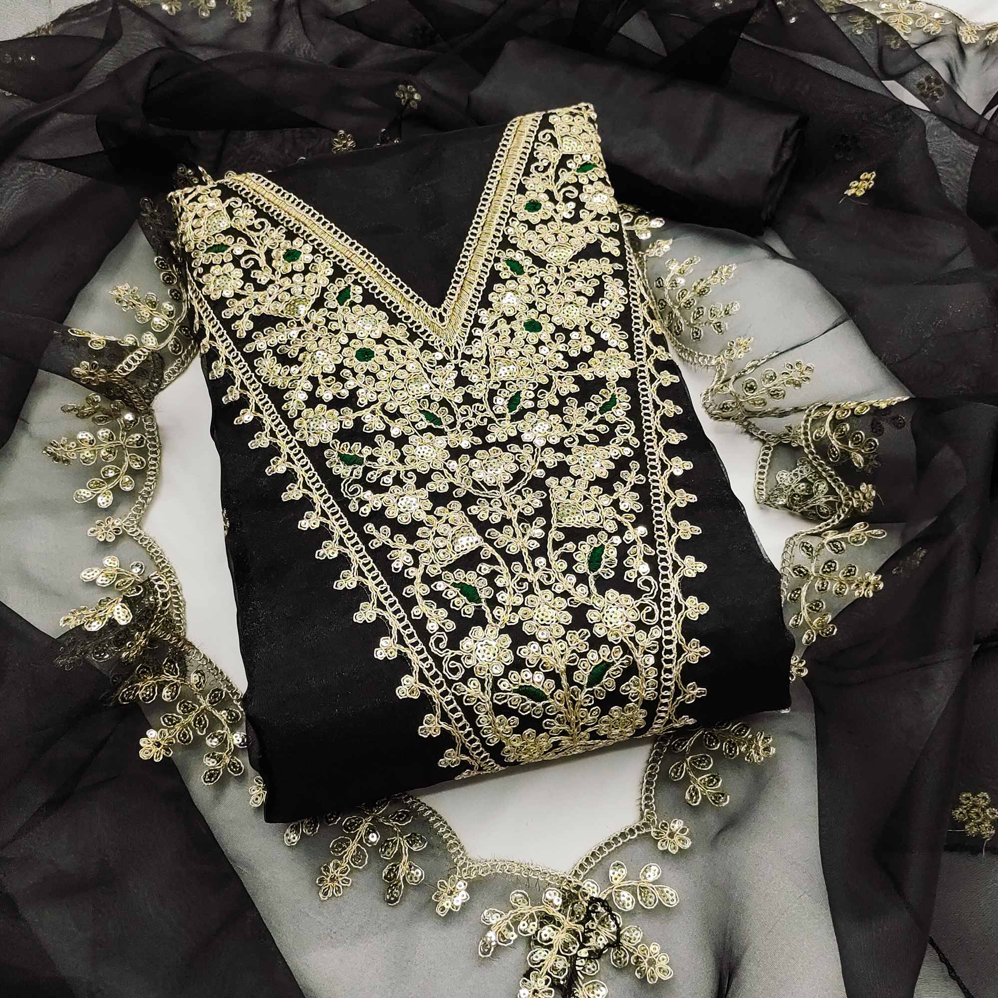 Black Organza Fabric With Delicate Floral Cording Embroidery & Shimmering Sequins Work