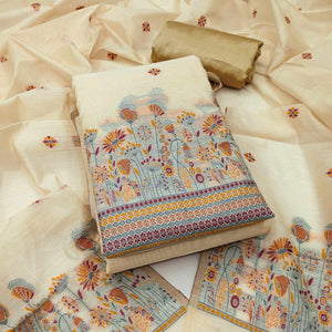 Cream and Mustard Dress Material Adorned with Floral Weaving on Chanderi Silk