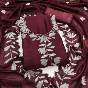 Maroon Vichitra Silk Dress Material With Delicate Floral Embroidery & Shimmering Sequins Work