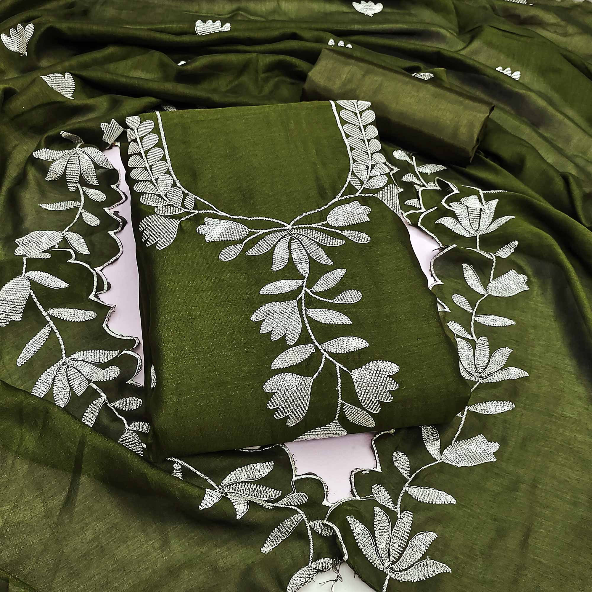 Mehendi Green Vichitra Silk Dress Material With Delicate Floral Embroidery & Shimmering Sequins