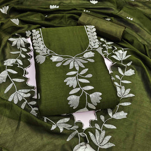 Mehendi Green Vichitra Silk Dress Material With Delicate Floral Embroidery & Shimmering Sequins