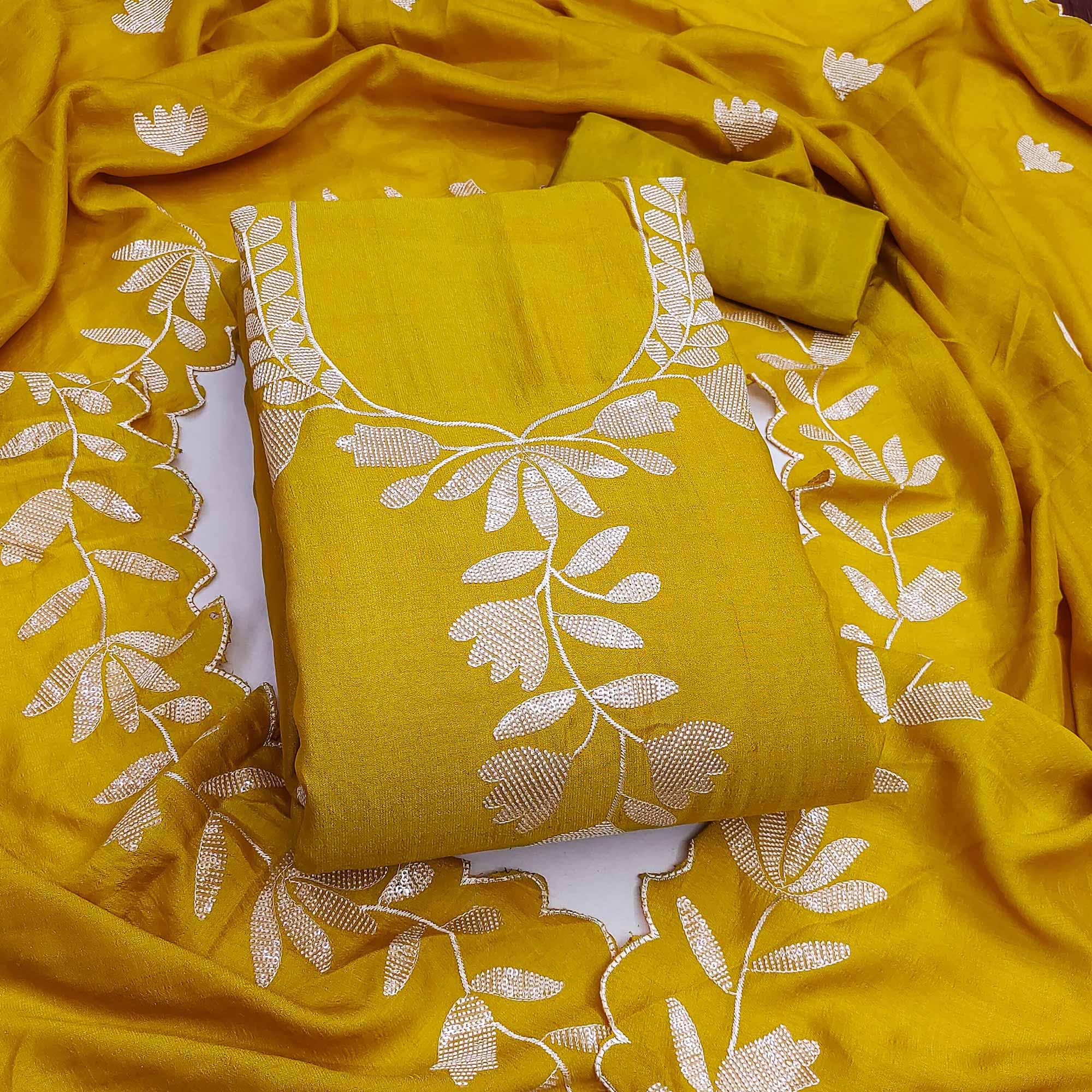 Mustard Vichitra Silk Dress Material With Delicate Floral Embroidery & Shimmering Sequins Work