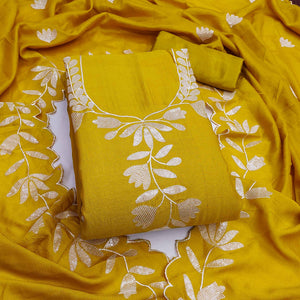 Mustard Vichitra Silk Dress Material With Delicate Floral Embroidery & Shimmering Sequins Work