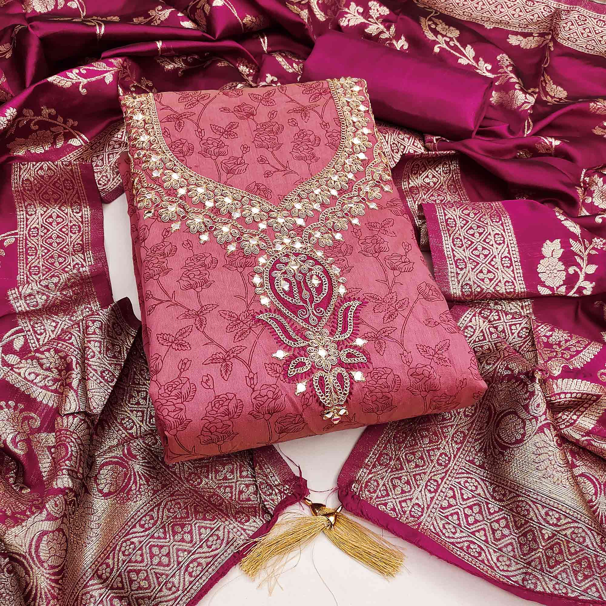 Pink Chanderi Silk Dress Material Featuring Floral Print & Cording Embroidered Detailing