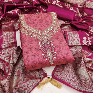 Pink Chanderi Silk Dress Material Featuring Floral Print & Cording Embroidered Detailing