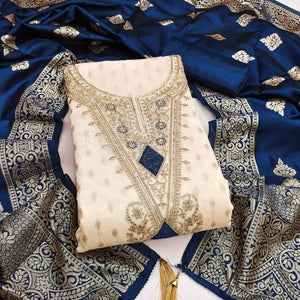 Cream & Blue Floral Butti Weaving With Intricate Cording Embroidered Shimmer Dress Material