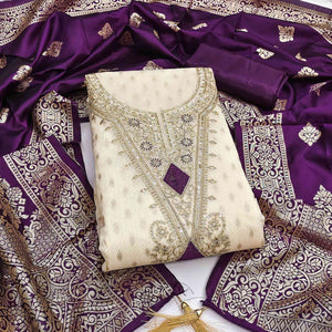 Cream & Purple Floral Butti Weaving With Intricate Cording Embroidered Shimmer Dress Material