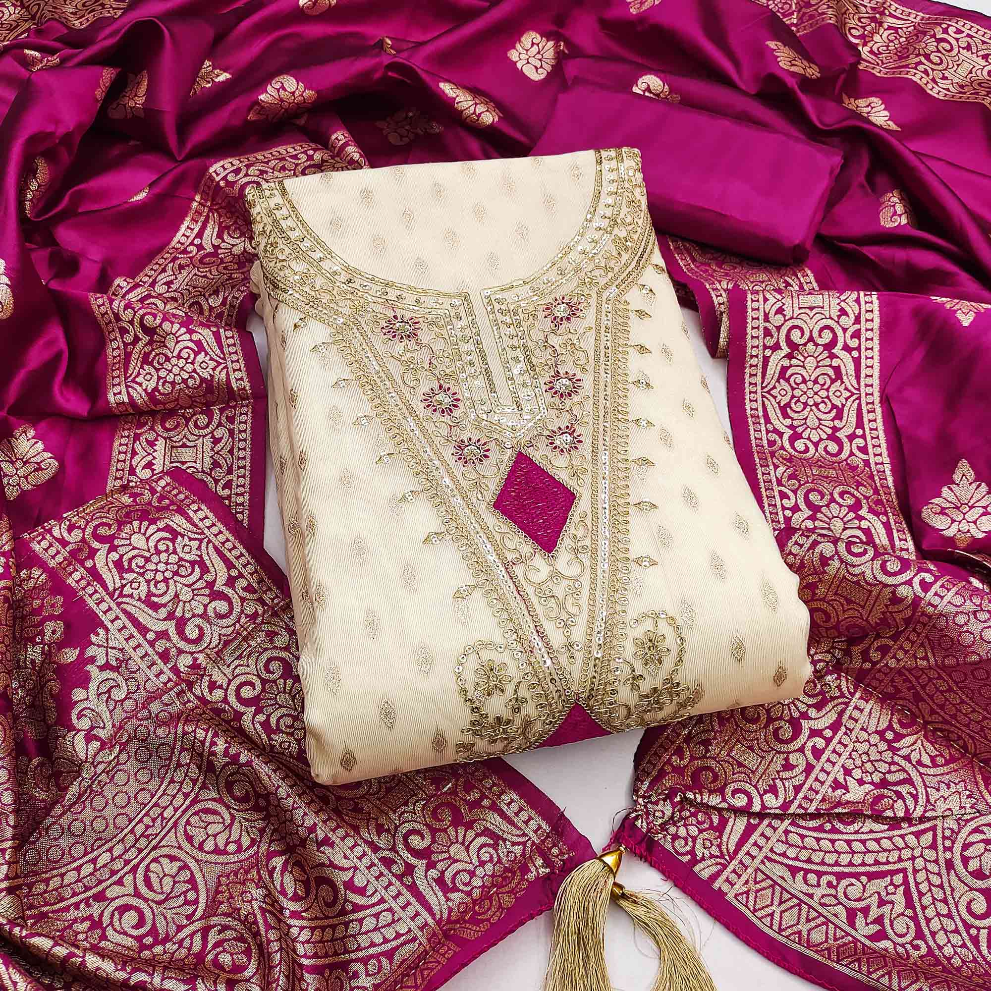 Cream & Rani Pink Floral Butti Weaving With Intricate Cording Embroidered Shimmer Dress Material