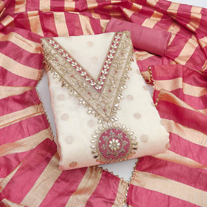 Cream & Pink Floral Butti Woven Shimmer Dress Material With Cording Embroidered Detailing