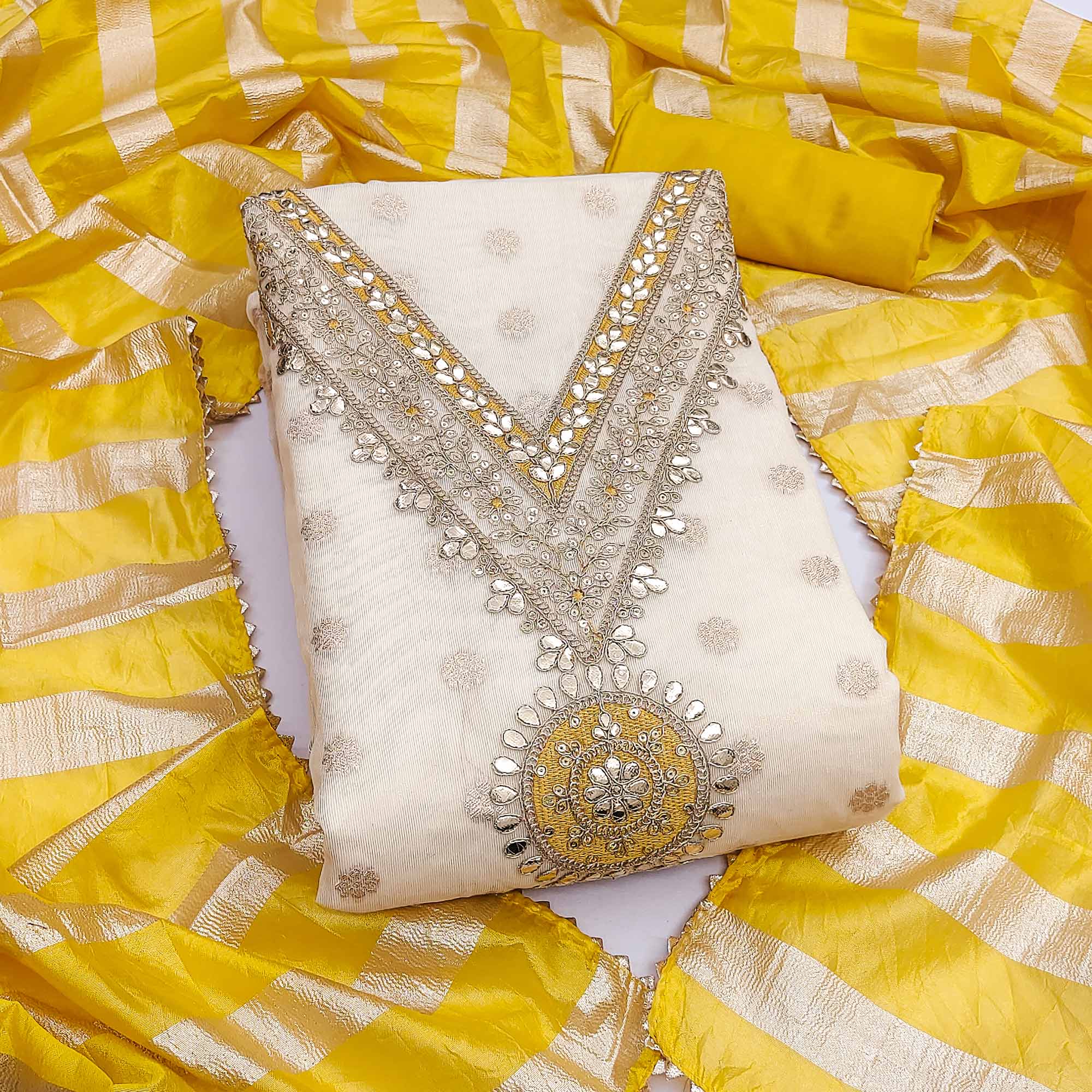 Cream & Yellow Floral Butti Woven Shimmer Dress Material With Cording Embroidered Detailing