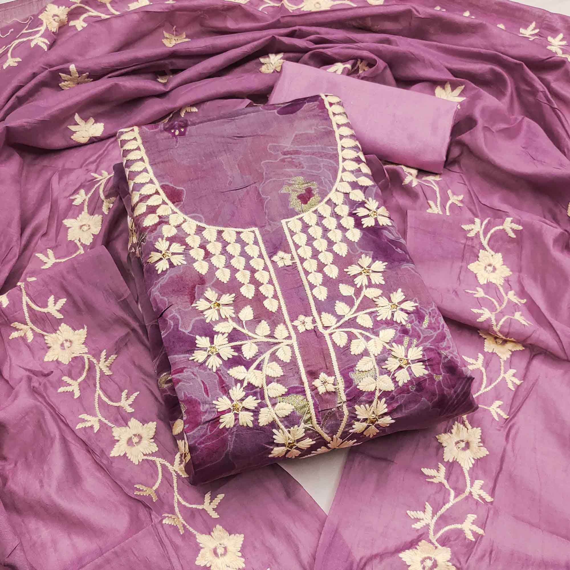 Graceful Pink Floral Embroidered Chanderi Cotton Dress Material