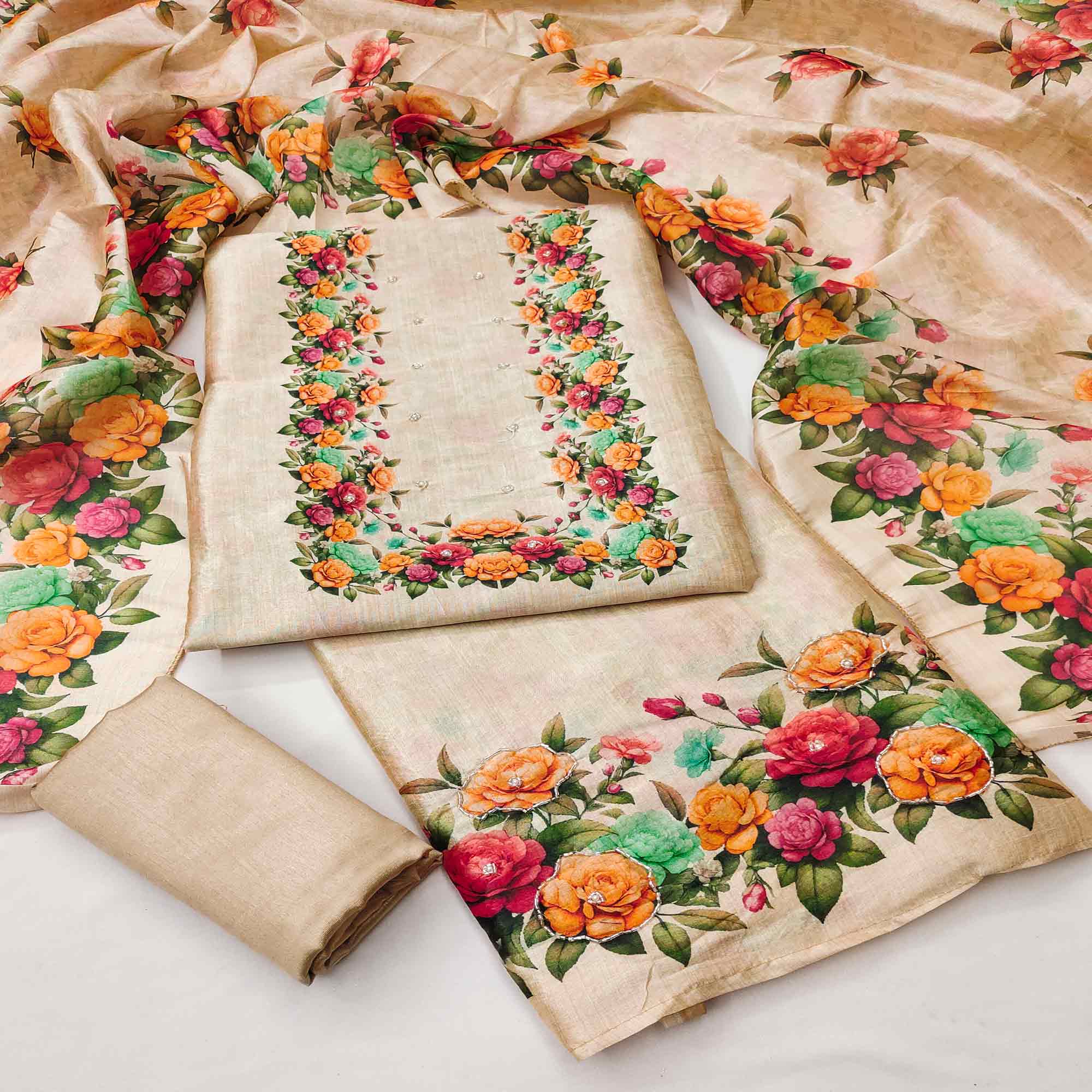 Stylish Chikoo Assam Art Silk Dress Material Accented With Floral Digital Print & Khatli Work