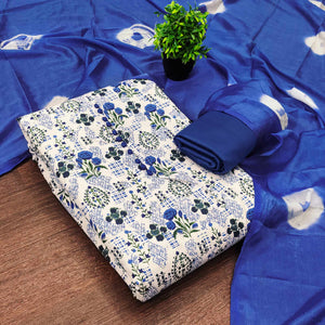 Lightweight Cream & Blue Cotton Dress Material with Beautiful Floral Print Detailing