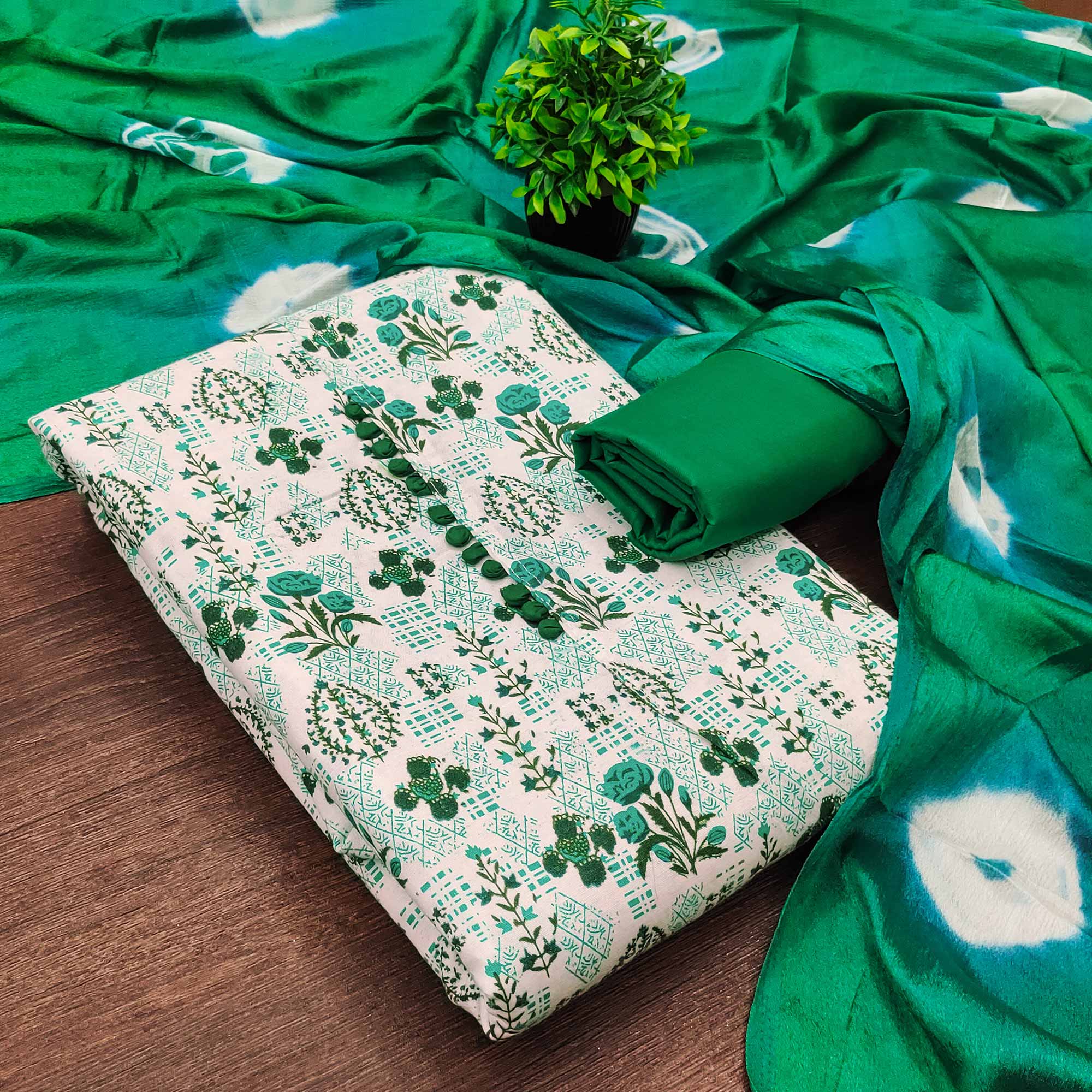 Lightweight Cream & Green Cotton Dress Material with Beautiful Floral Print Detailing