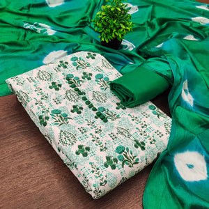 Lightweight Cream & Green Cotton Dress Material with Beautiful Floral Print Detailing