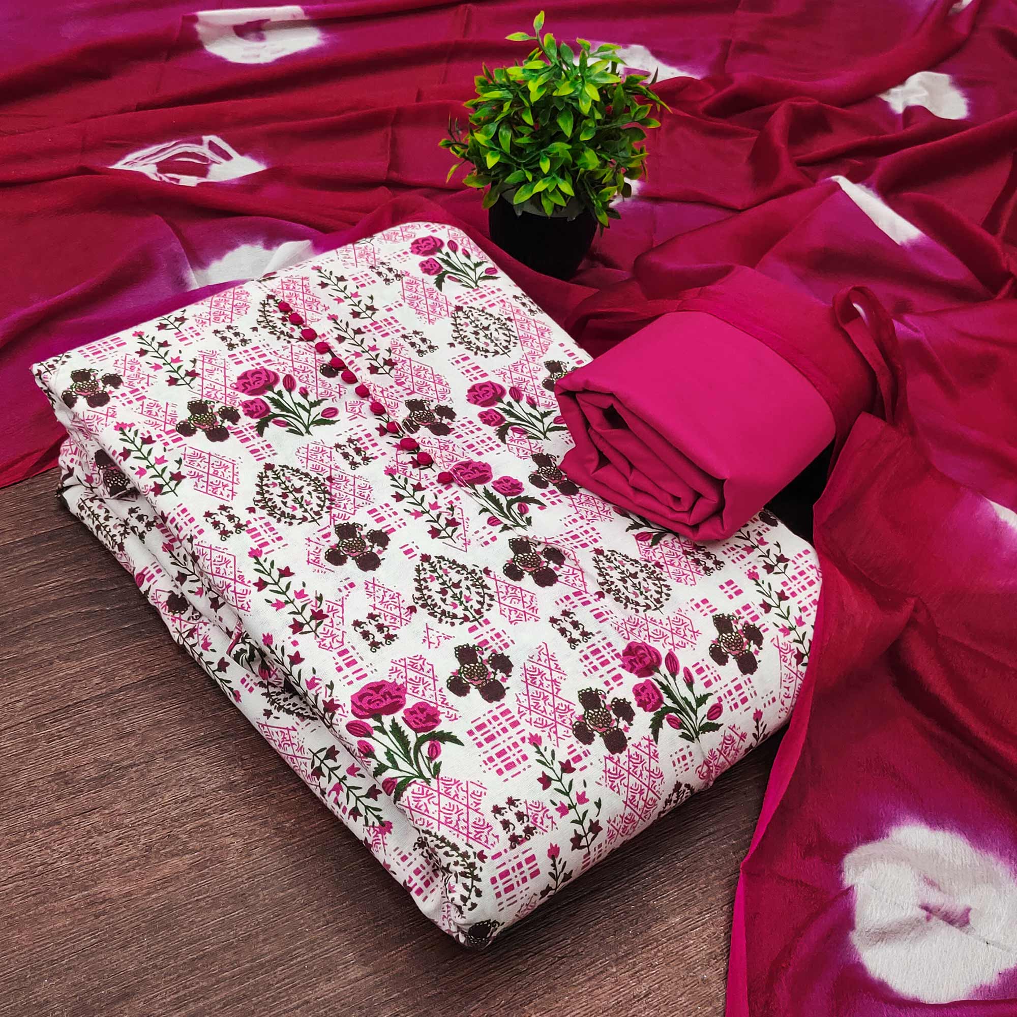 Lightweight Cream & Pink Cotton Dress Material with Beautiful Floral Print Detailing