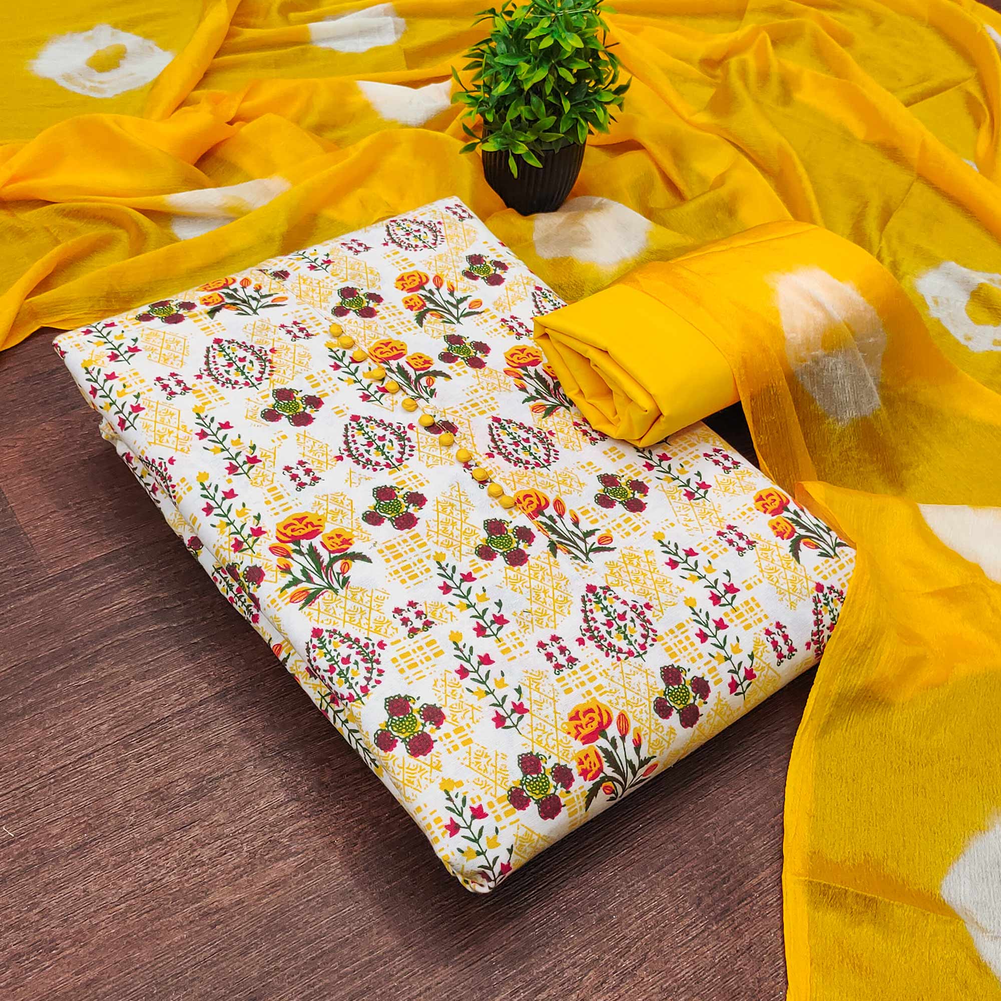 Lightweight Cream & Yellow Cotton Dress Material with Beautiful Floral Print Detailing