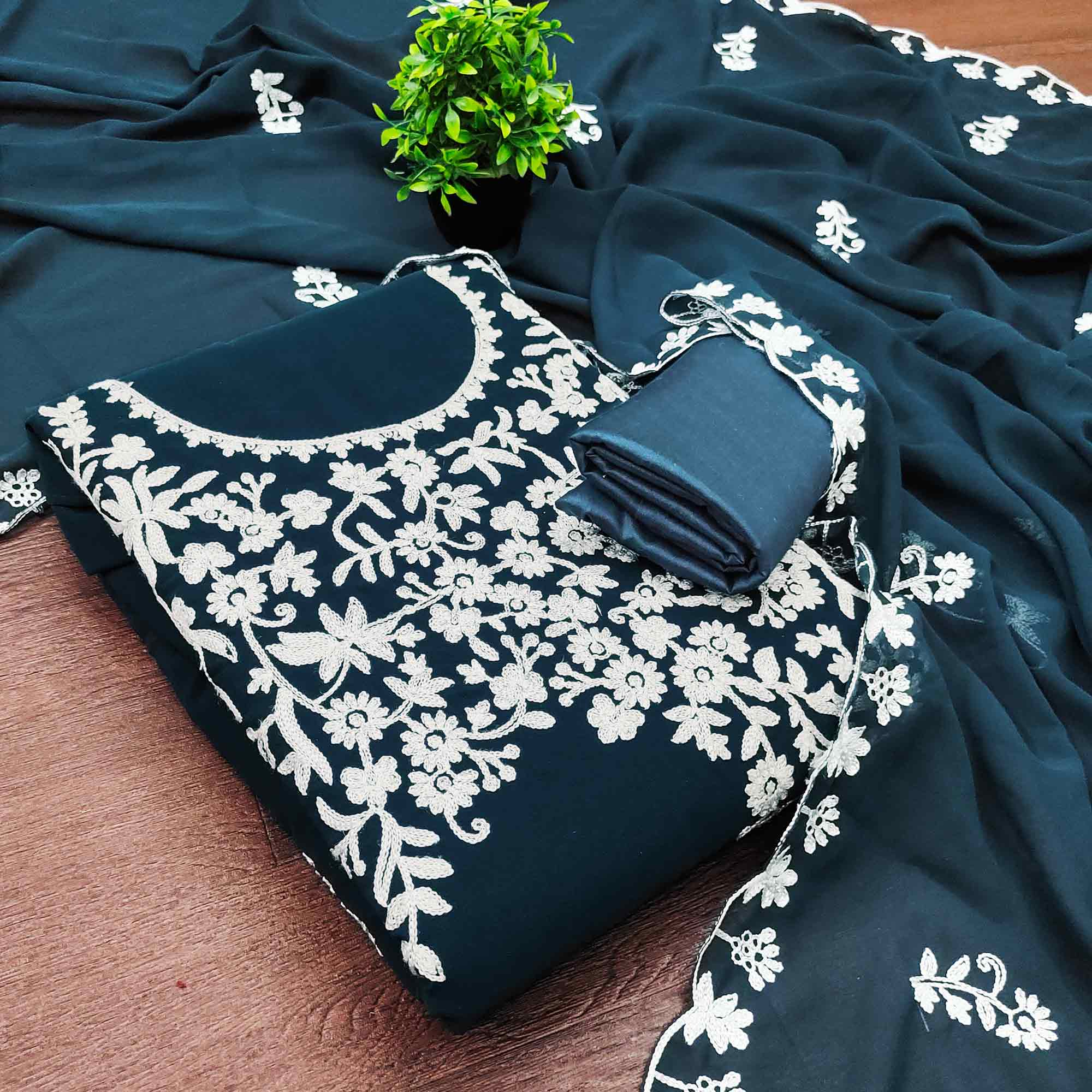 Designer Dark Teal Floral Embroidered Georgette Material for Stylish Dresses and Outfits