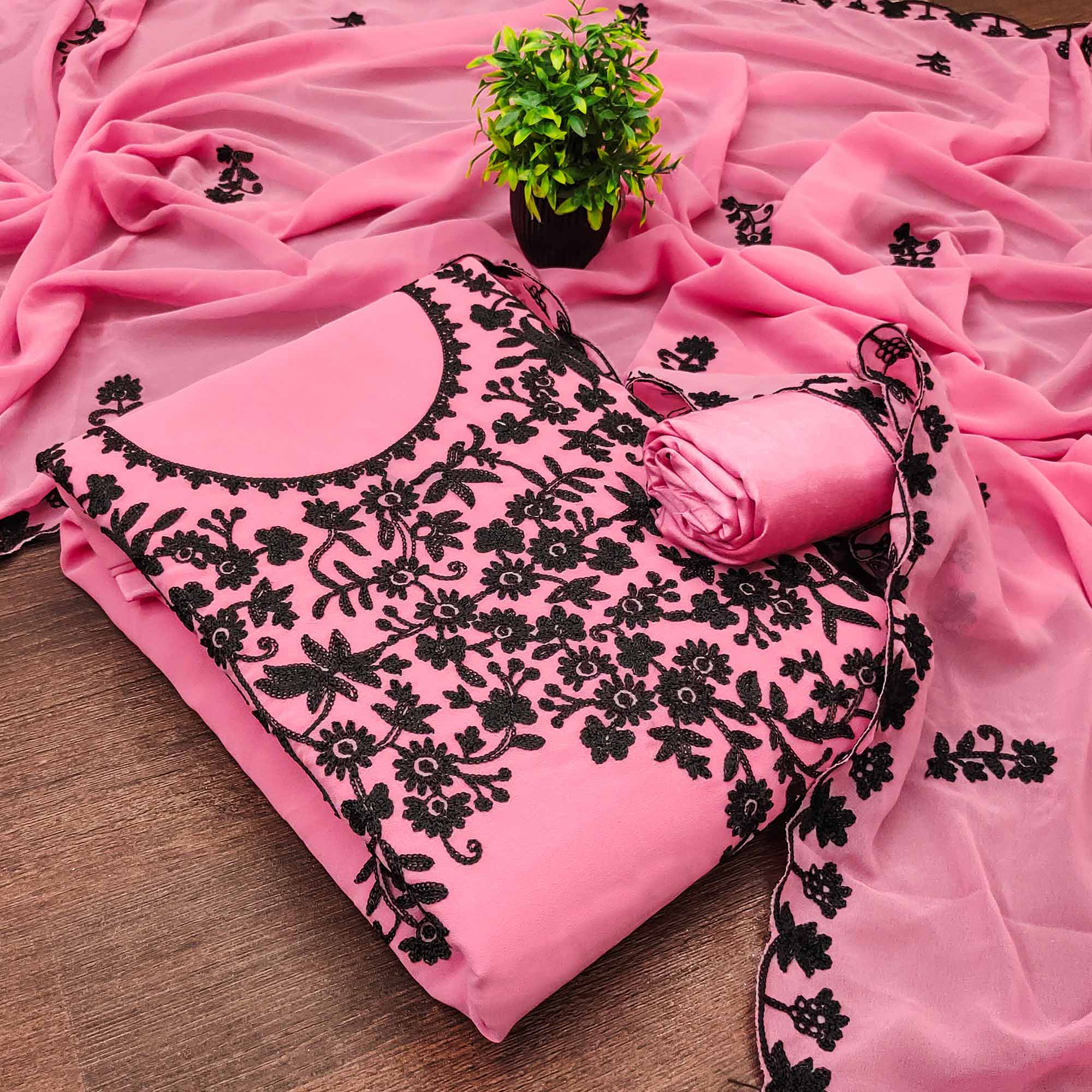 Designer Pink Floral Embroidered Georgette Material for Stylish Dresses and Outfits